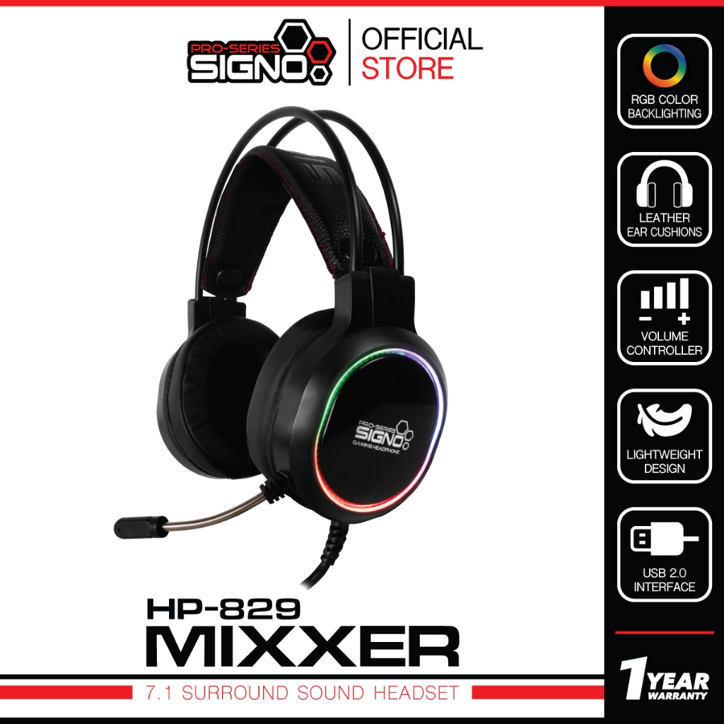 SIGNO HP-829 หูฟังเกมมิ่ง Gaming Headset ระบบเสียง 7.1 Surround ไฟ RGB น้ำหนักเบา สายยาว 2.2 ม. เชื่อมต่อแบบ USB