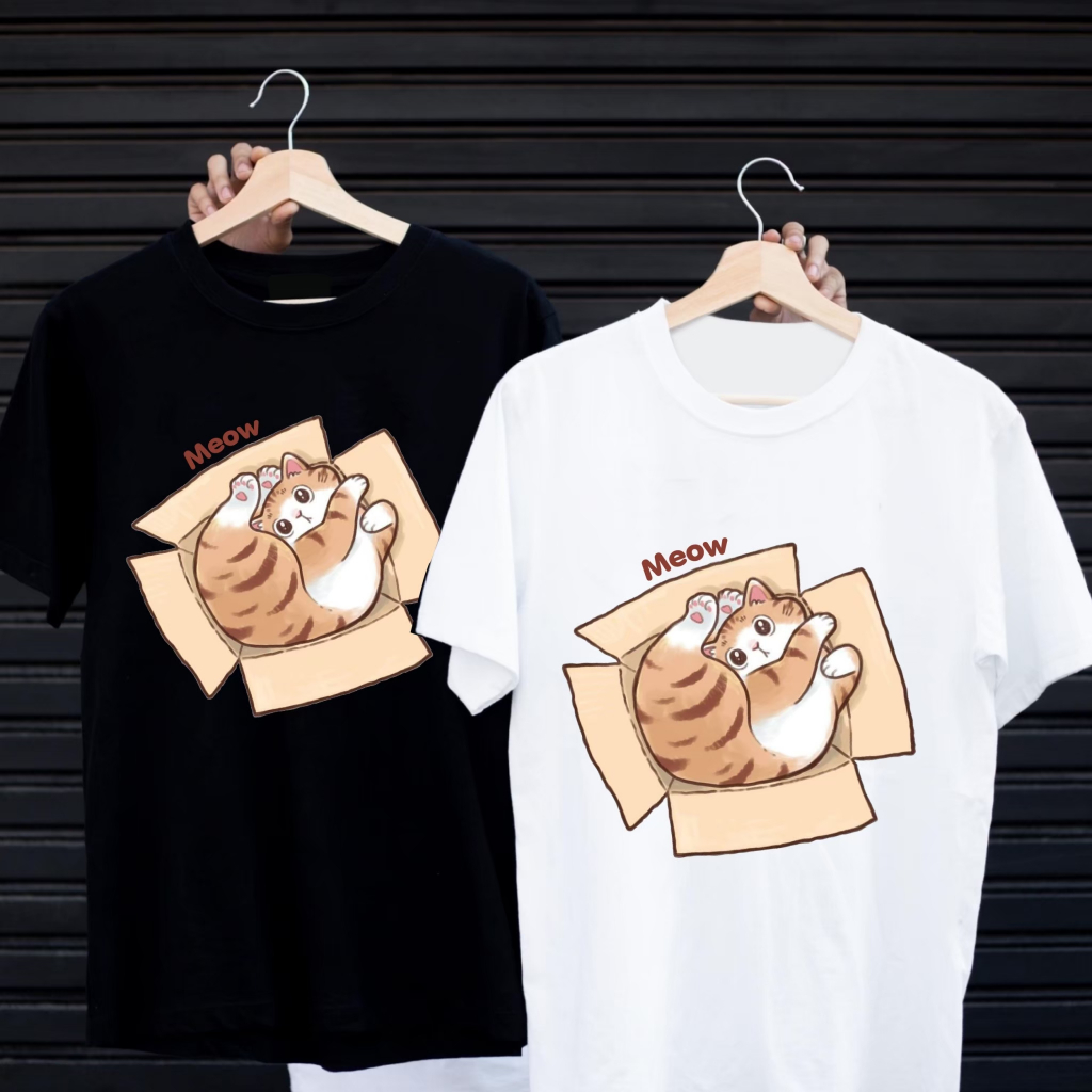 เสื้อยืดสกรีนลาย " CAT IN BOX " เสื้อยืดผ้า MICRO POLYESTER 100% เสื้อยืดผ้าไมโครโพลีเอสเตอร์ 100%