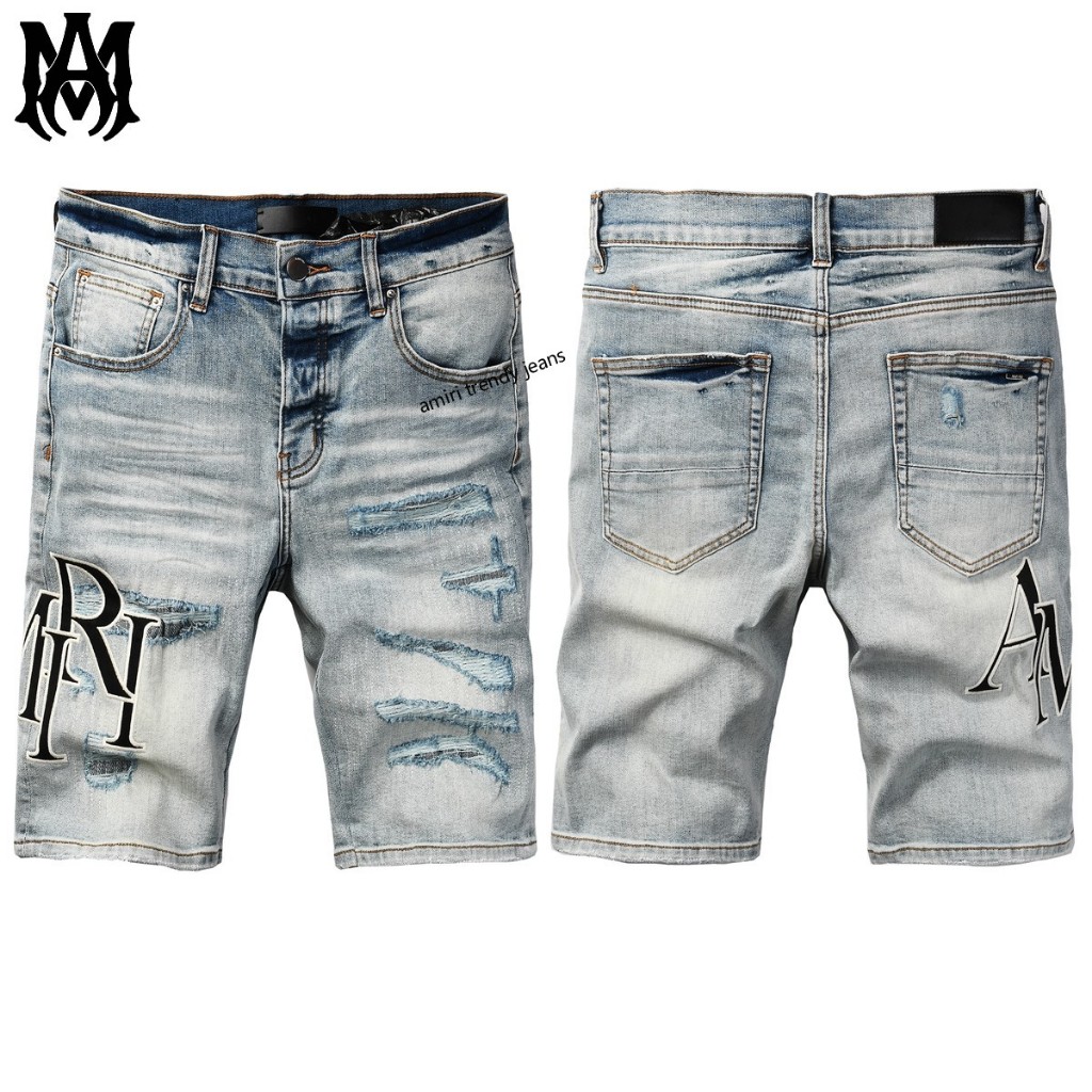 Amiri กางเกงขาสั้นผ้ายีนส์ระบายอากาศแบบคลาสสิกสำหรับผู้ชาย กางเกงขาสั้น Summer Scratch