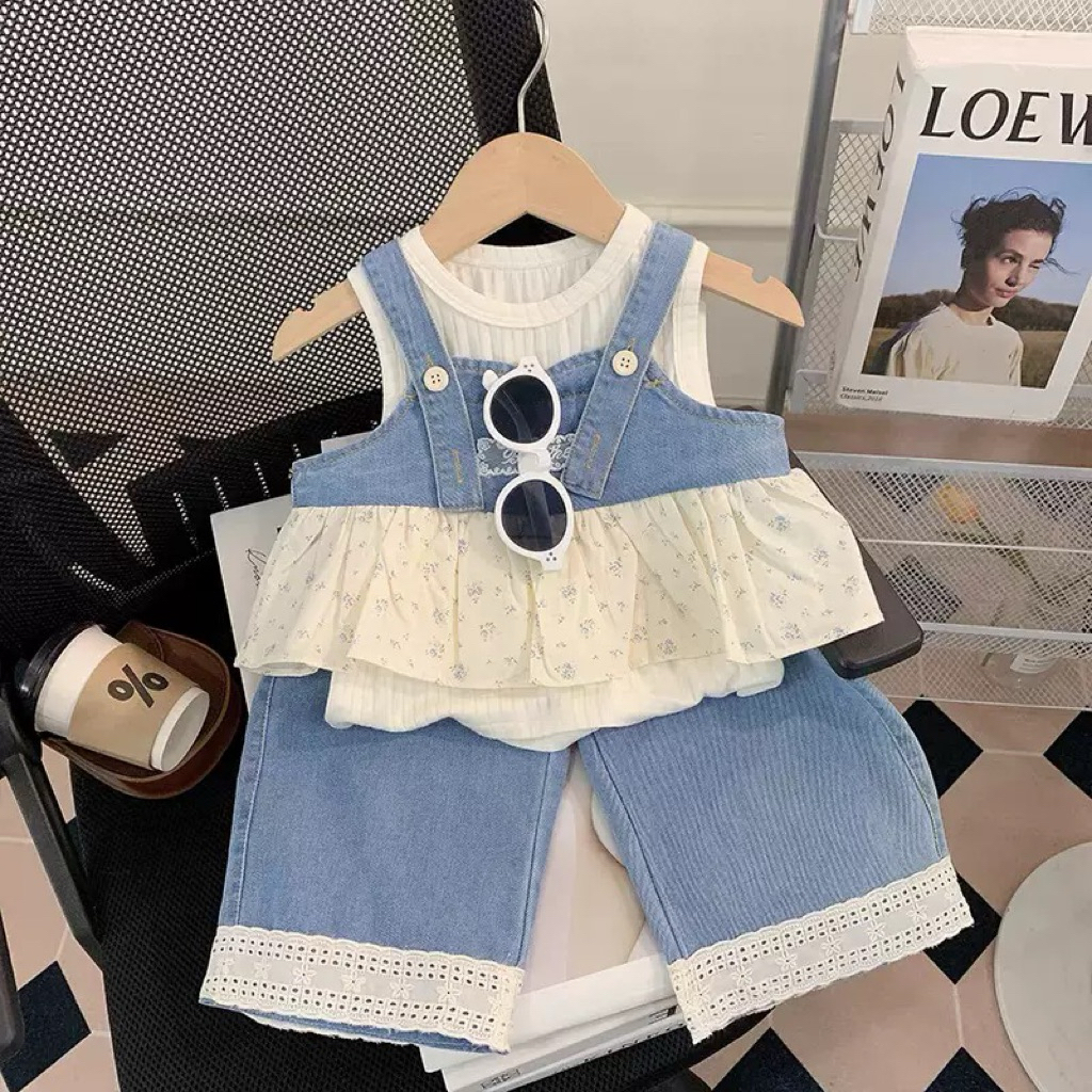 🔥พร้องส่ง🔥 ชุดเซ็ต3ชิ้น เสื้อผ้าเด็กผู้หญิงสไตล์เกาหลีเสื้อสายเดี่ยวยีนส์ + กางเกงยีนส์ + เสื้อชั้นในสีขาว ยืนส์แท้ตรงปก