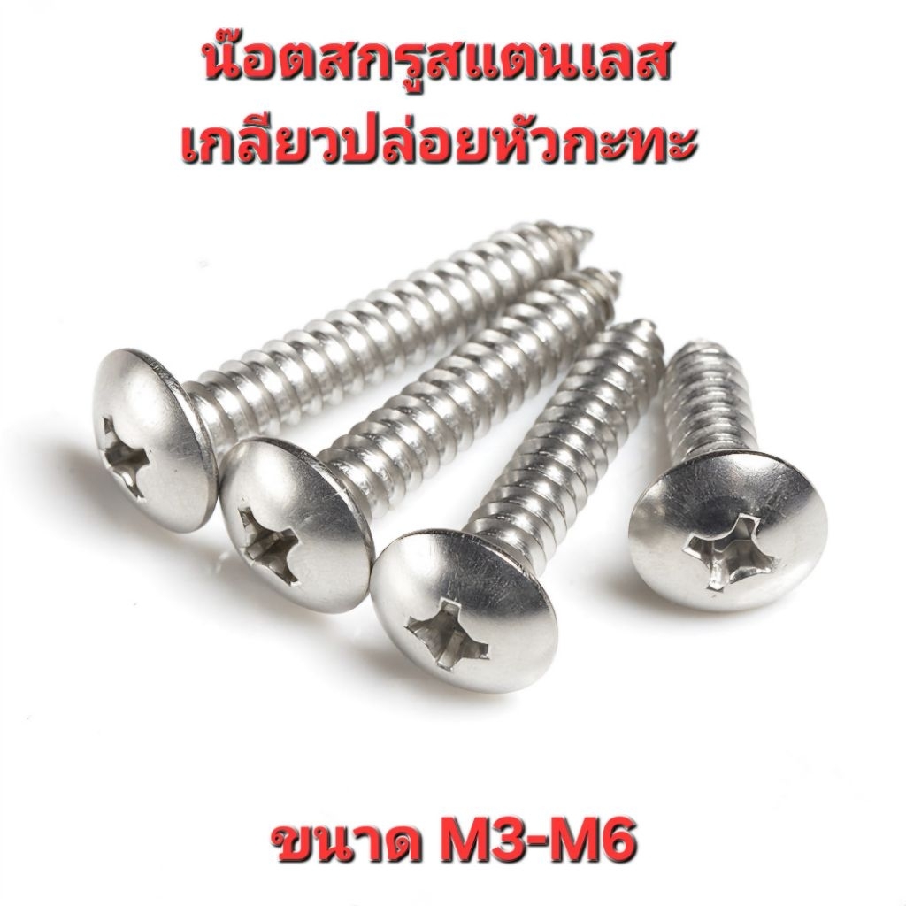 น๊อต สกรู สแตนเลส 304 เกลียวปล่อย T หัวกะทะ หัวร่ม