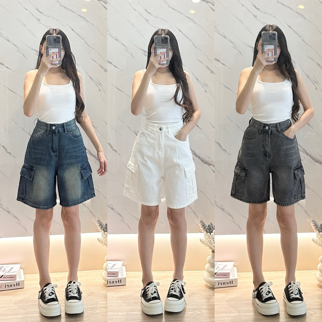 Jorts Jeans ขาสั้น 3 ส่วน กางเกงยีนส์ cargo สไตล์สามส่วน ผ้าไม่ยืด ทรงสวย เนื้อผ้าหนาไม่ผิดหวัง J66 | Y58 | 055 | T58
