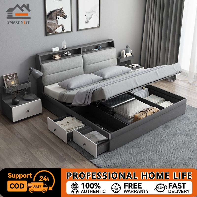 SMART NEST เตียงที่เรียบง่ายทันสมัยสูงกล่องเก็บของเตียง เตียงเก็บที่มีลิ้นชักเก็บเสื่อ ห้องนอนใหญ่เตียงคู่1.5เมตรมัลติ