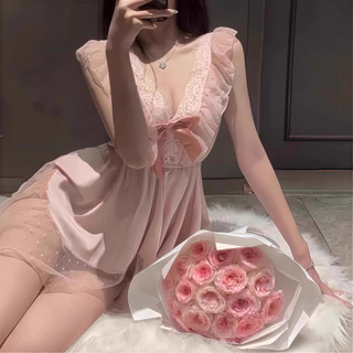 เดรสลูกไม้ Pink🩷 ชุดนอนเซ็กซี่ ลายจุด ตกแต่งโบว์ คอวีลึก ลูกไม้🎉 ใส่สบาย ราคาถูก🤩พร้อมส่งจากไทย