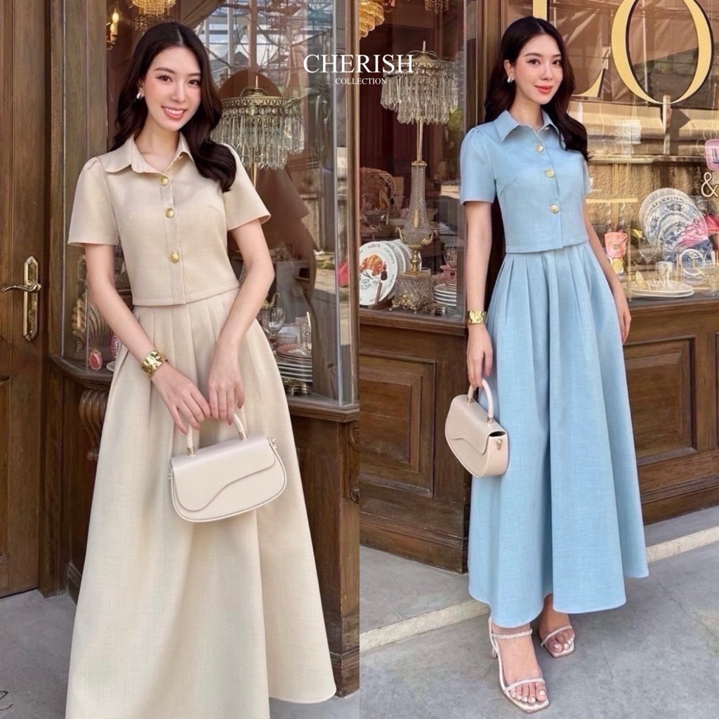 D10 มาเพิ่มแล้ว งานป้าย Cherish Set ชุดเซ็ทคอปกแขนสั้น+กระโปรงยาว สีพื้น สำหรับผู้หญิง สาวอวบ เสื้อผ้าผู้หญิง ไซส์ S-2X