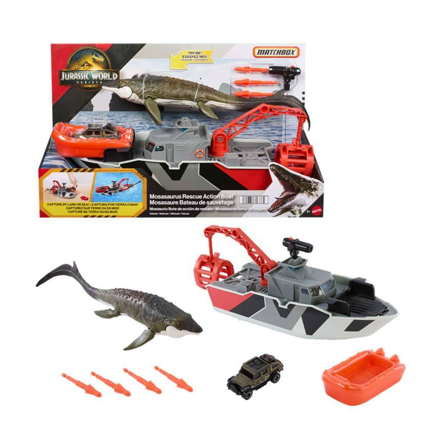 Matchbox Jurassic World Mosasaurus ไดโนเสาร์ พร้อมเรือ รถของเล่น และขีปนาวุธ รุ่น JGG61