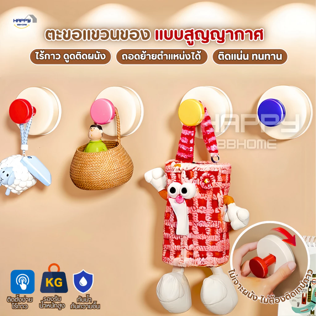 ตะขอแขวนของแบบสูญญากาศ ไร้กาว ไม่ต้องเจาะผนัง ถอดออกได้ นำกลับมาใช้ได้ ตะขอติดผนัง ที่แขวนของอเนกประสงค์ ไม้แขวนผ้า