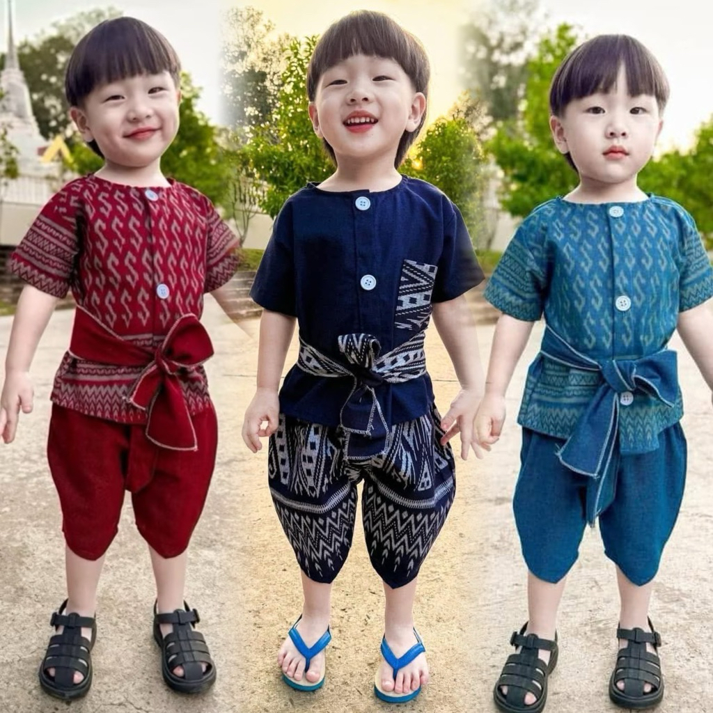 ชุดไทยประยุกต์เด็กผู้ชาย สไตล์เสื้อม่อฮ่อม ลายลิซ่า แถมผ้าผูกเอว