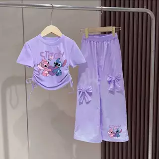 Pinkชุดเซ็เด็กผู้หญิงน่ารัก เสื้อเชือกผูกโบว์ข้าง+กางเกงขายาวแต่งโบว์ 3163