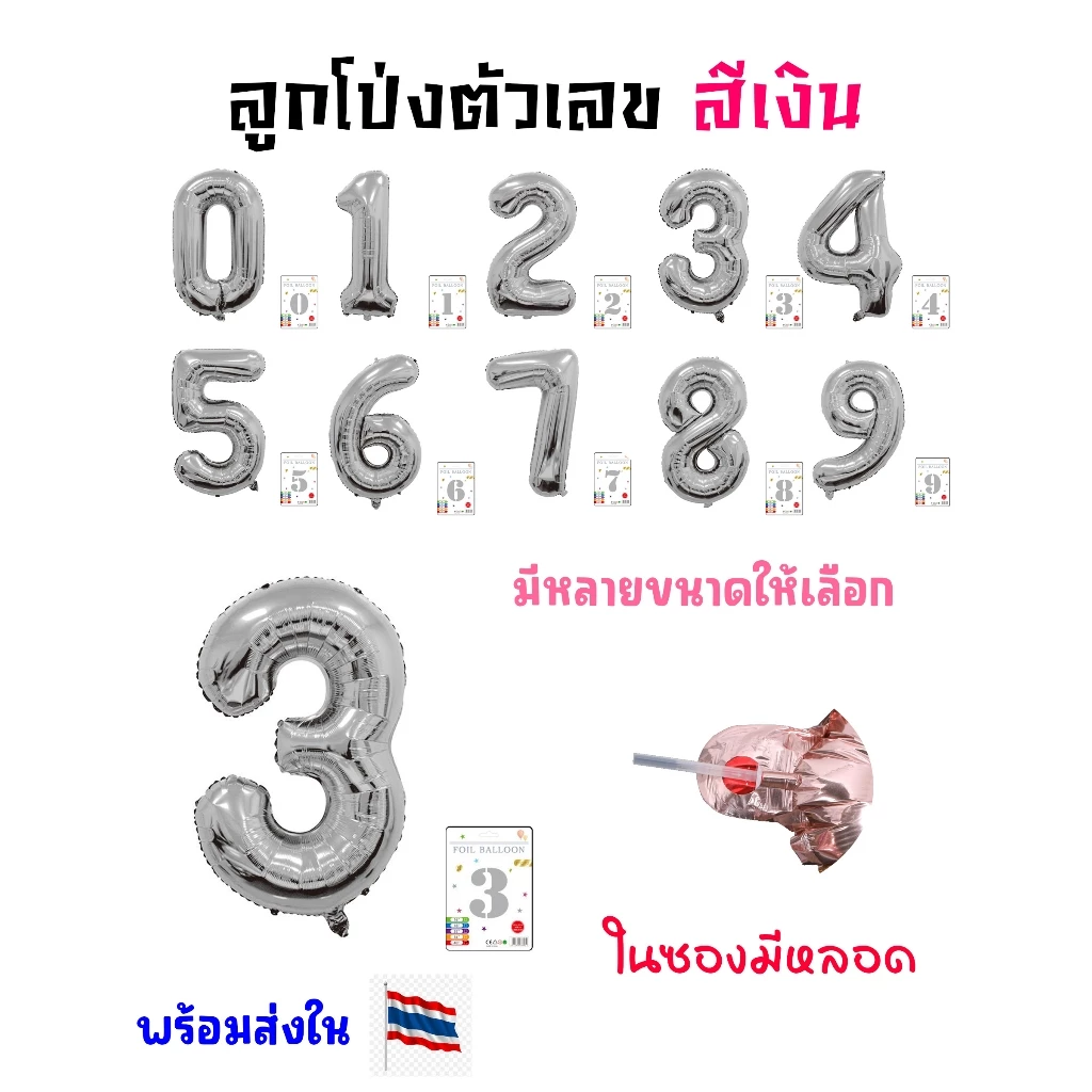 ลูกโป่งตัวเลข สีเงินในซองมีหลอดเป่าลมแถม“(มีแพคเกจ)