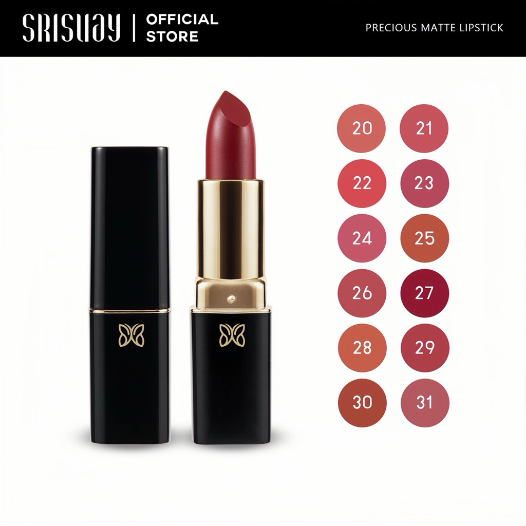 Srisuay ศรีสวย พรีเชียส แมทต์ ลิปสติก ติดทนยาวนานกว่า 8ชม. เนื้อบางเบาเกลี่ยง่าย ไม่หนักปาก เม็ดสีแน่นชัดกลบริมฝีปากคล้ำ