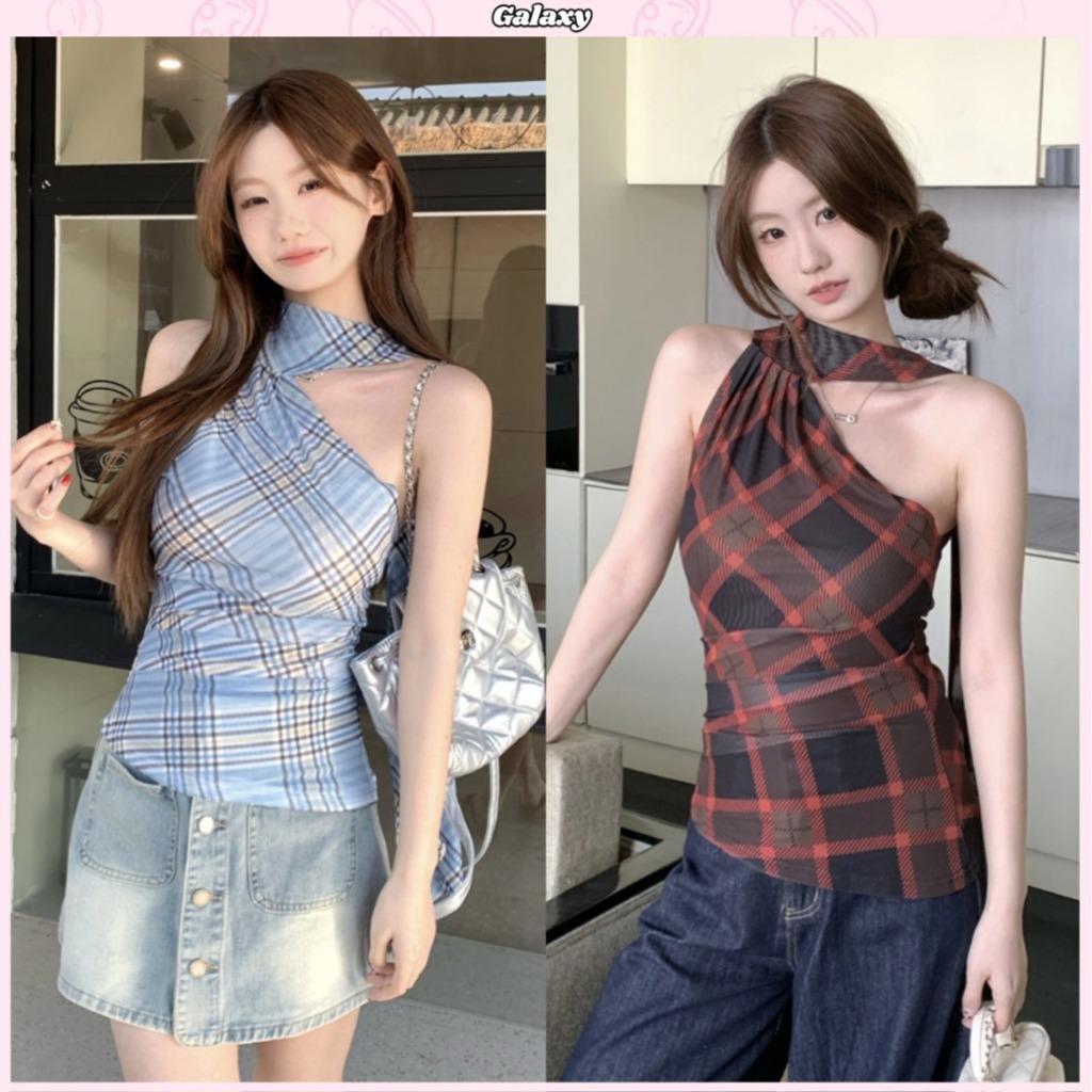 เสื่อคล้องคอปาดไหล่ เสื้อยืดเเฟชั้น ลายสก๊อต ขับผิว สายปรับได้ เปิดไหล่คล้องคอ #012389