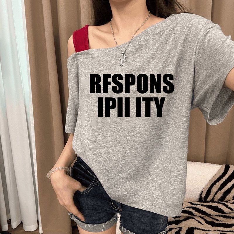 เสื้อปาดไหล่แฟชั่นสตรีสไตล์วินเทจแขนสั้นสีเทาเนื้อผ้าโปร่ง รูปที่ 3