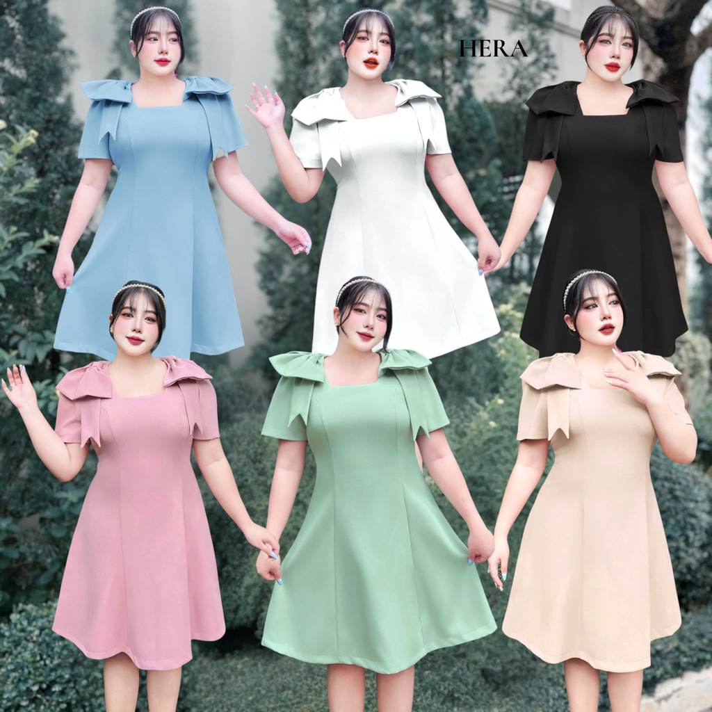 Hera รุ่น MeeBow เดรสสาวอวบ ทรงA ใส่แล้วดูเพรียว แขนโบว์น่ารัก (อก44-59 นิ้ว in)