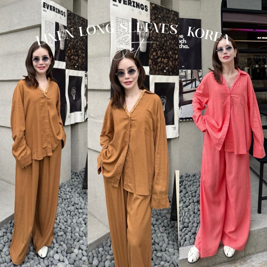 Linen long sleeves Korea 🧁🍪ชุดเซ็ตลินินแต่งลูกไม้ หรูหรามาก  ผ้าลินินเนื้อดี มีน้ำหนัก ใส่ได้ไม่มีเอ้าท์