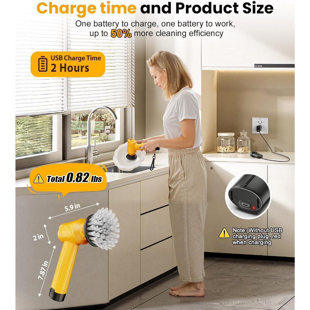 Qimedo แปรงทำความสะอาดไร้สาย 360° ชาร์จไฟ 5000mAh×2 ก้อน พร้อมหัวเปลี่ยน 4 ชนิด สำหรับห้องน้ำ/ครัว/ยานพาหนะ - รูปที่ 7