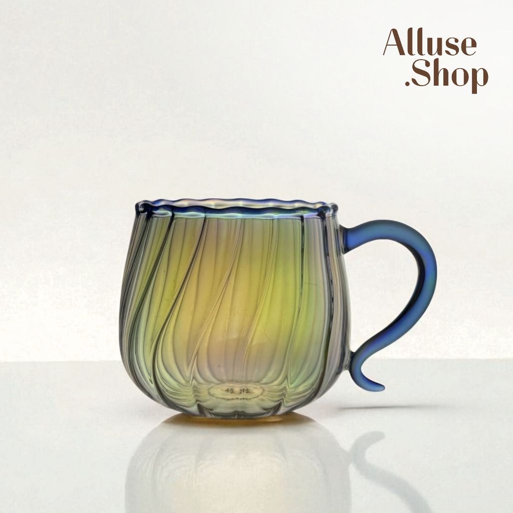 Alluse.shop K-31-600ml.แก้วมีหูจับ ฟักทองเหลือบน้ำเงิน ใส่ชา กาแฟ แก้วชาหูจับลายสวย สวย ติดแกลม แก้วชาหรู พรีเมี่ยม