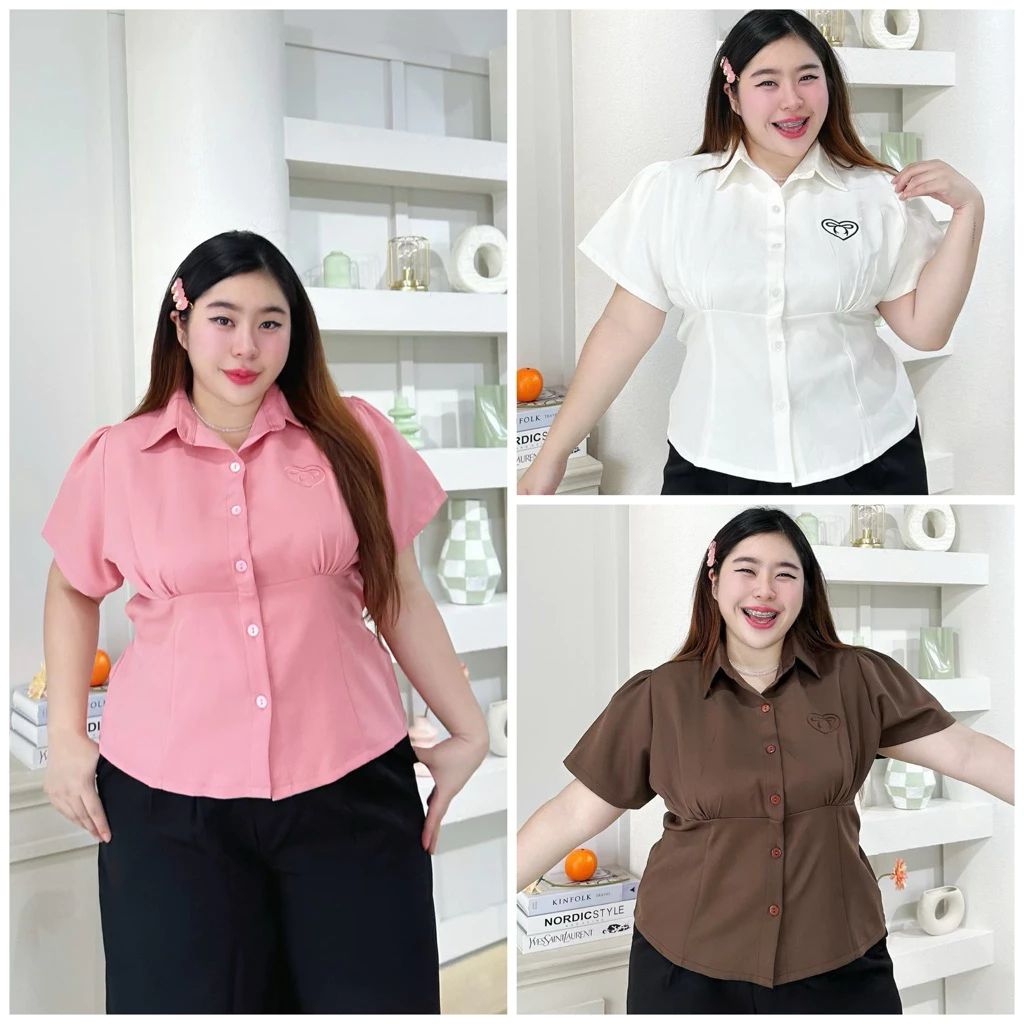 [ T26 ] เสื้อคอปก แต่งปักหัวใจโบว์ ผ้าเปเป้ สาวอวบ lanastore ❌ไม่ต้องเผื่อไซส์นะคะ❌