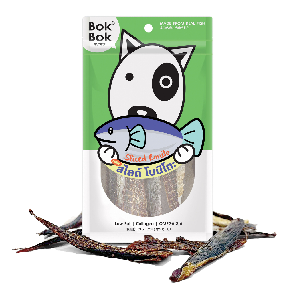 Bok Bok บ๊อกบ๊อก ขนมสุนัข ขนมสัตว์เลี้ยง เนื้อปลา โบนิโตะ อบแห้ง 100% ไม่เติมเกลือ ไม่ปรุงรส ขนาด 40 กรัม 120 กรัม
