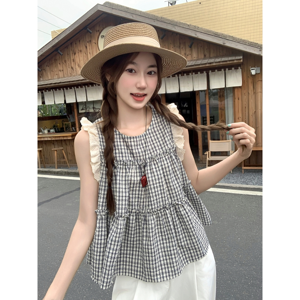 เสื้อเเขนกุด เสื้อกั๊ก สไตล์เกาหลี ลายสก๊อต ขอบลูกไม้#92357 รูปที่ 7