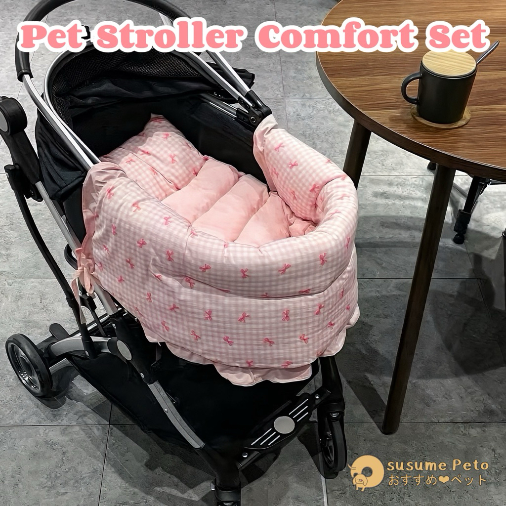 (พร้อมส่ง/พรี) Pet Stroller Comfort Ribbon Set 🎀 เบาะนอนสัตว์เลี้ยง เบาะรองรถเข็นสุนัข สีชมพู ทำจากผ้าฝ้ายแท้100%