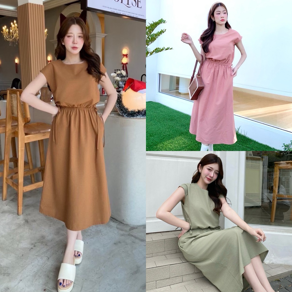 Teera❤️พร้อมส่ง✨เดรสลินิน❣️🏕เดรสคอกลมรูดเอว ผ้าลินิน มียางสม็อเอวใส่ไปเที่ยวชิวๆสบายๆ คาเฟ่ ขึ้นเขา 🤎nanny