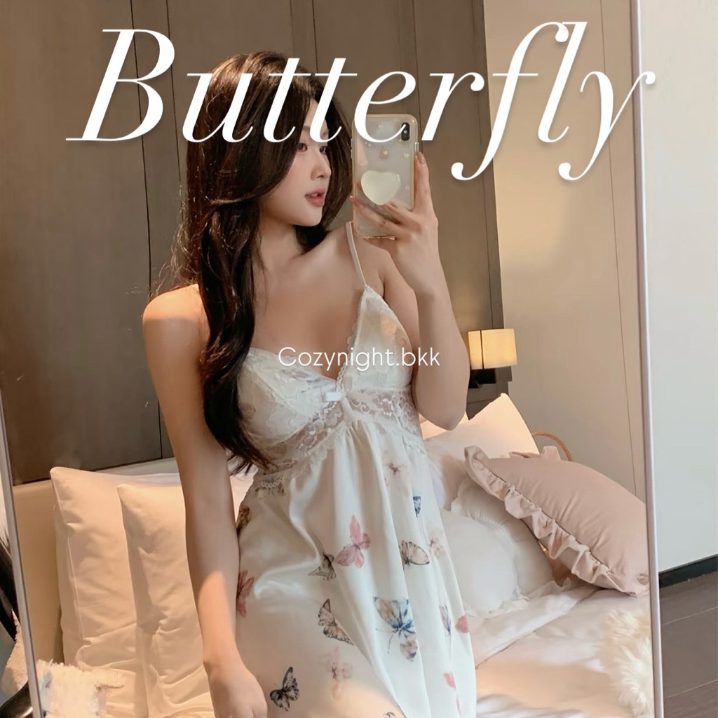 ชุดนอนญี่ปุ่น cozynight.bkk - Butterfly🦋 ผ้าซาตินลายผีเสื้อ ผ้าลื่นใส่สบาย