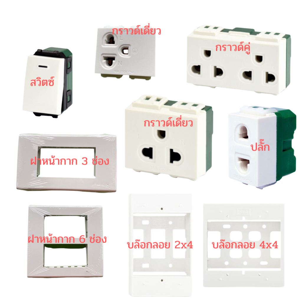 ชุดสำเร็จ 4x4 สวิตซ์ ปลั๊กไฟฟ้า CHANG ช้าง พร้อมบล็อกลอย กับฝาหน้ากาก