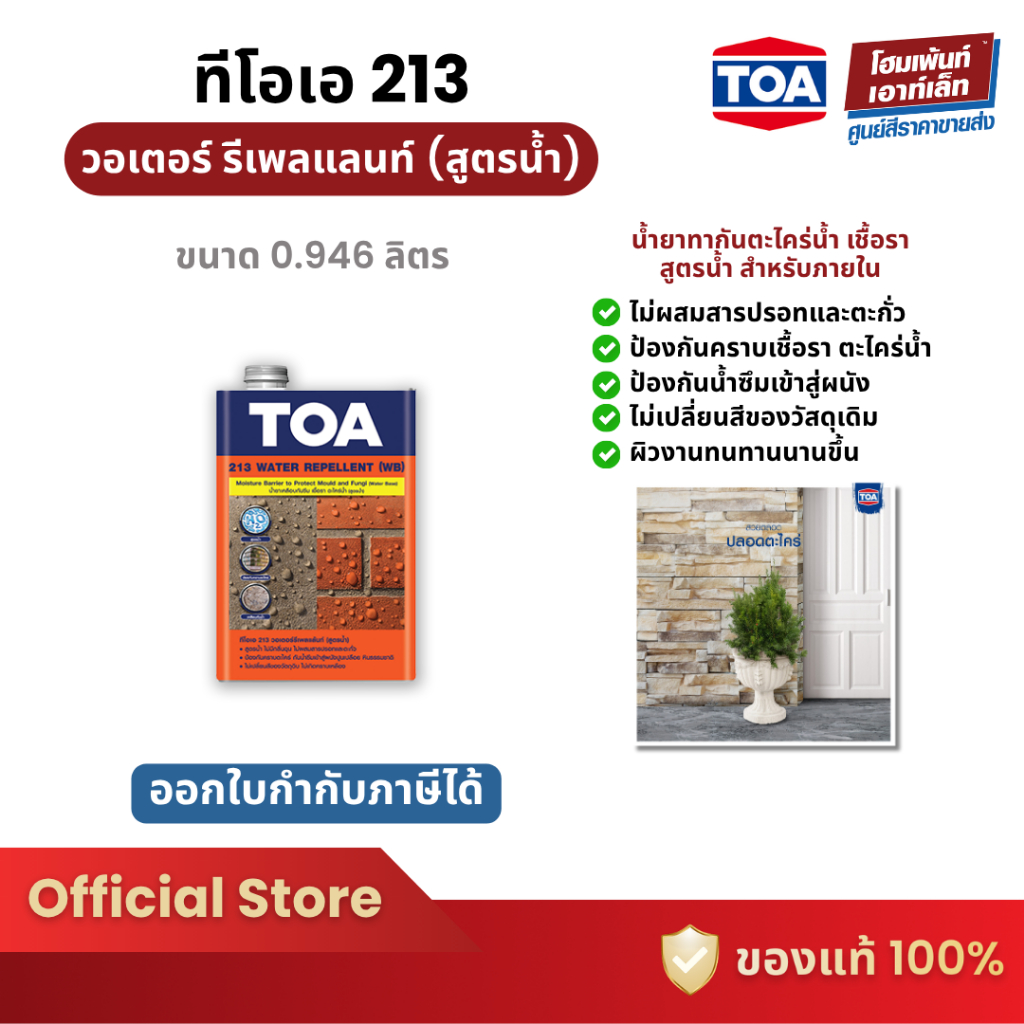 TOA 213 Water Repellent (WB) น้ำยาทากันตระไคร่น้ำ เชื้อรา สูตรน้ำ (0.925 ลิตร)