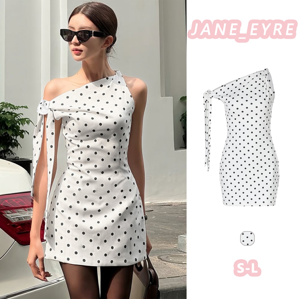 แฟชั่น เซ็กซี่ ลายจุด พิมพ์ ชุดเดรส เปิดไหล่ ผูกเชือก เข้ารูป สะโพกรัดรูป JN