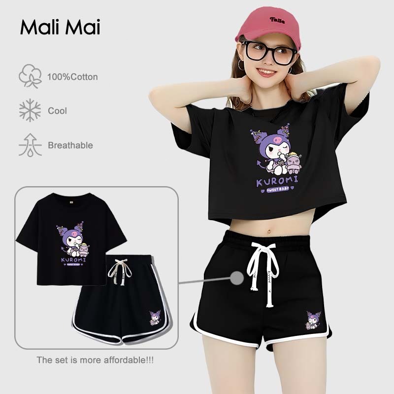 เสื้อครอป Kuromi&Sanrio Cotton100% ชุดเซ็ท2ชิ้น มีทั้งหมด 3 สี ใส่สบาย แฟชั่นฤดูร้อน (ส่งเร็ว จัดส่งจากไทย)