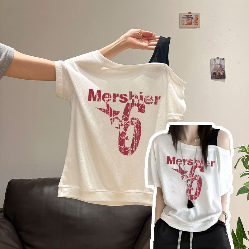 เสื้อปาดไหล่ oversizeเสื้อยืดบาง เสือยืดเเขนสั้น คอกว้าง ลายอักษร ใส่พักร้อน แขนสั้นสีเทา เหมาะสำหรับ ฤดูร้อน ใส่สบายXXL