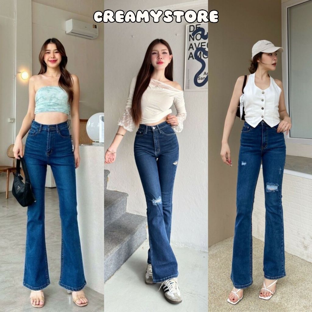 CreamyStore กางเกงยีนส์ขาม้าเอวสูง สีเข้มBlue Jeans ยีนส์ยืด ป้ายYam' jeans🍨