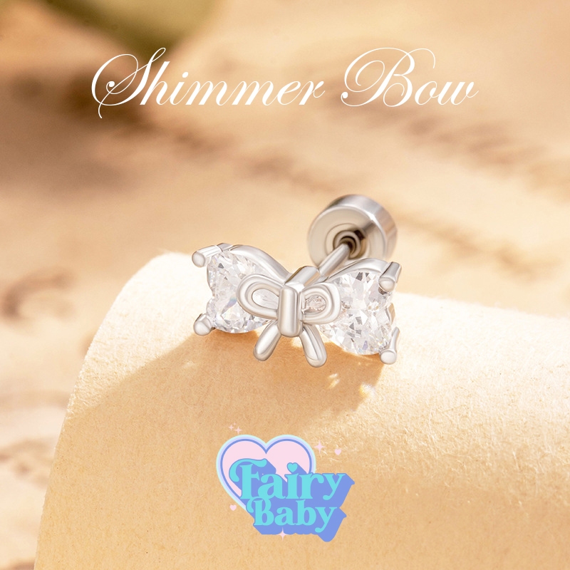 Fairybaby จิว Shimmer Bow ( 1 ชิ้น ) แป้นแบน รูปโบว์ เพชรสีขาว รูปหัวใจ สวยงาม