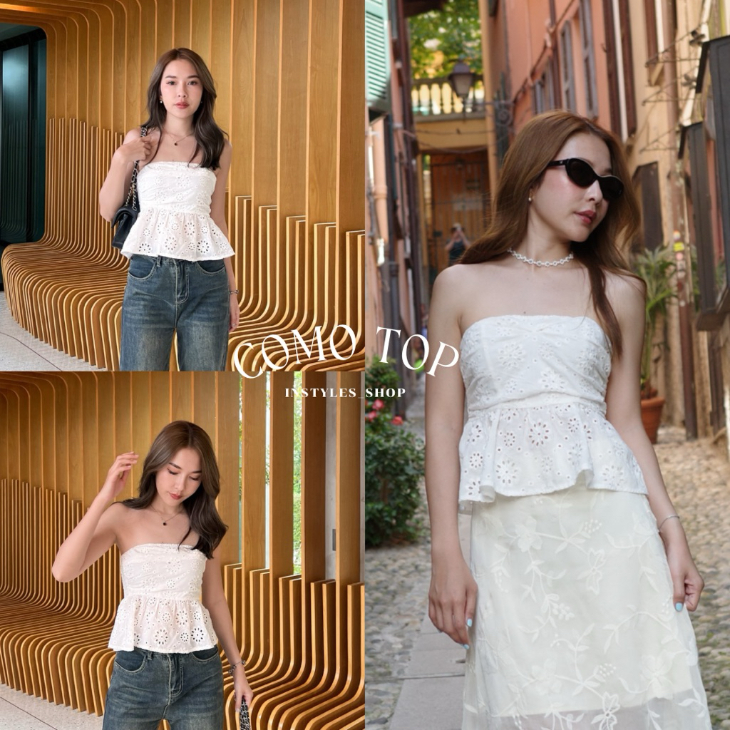 Instyles_shop – Como Top เสื้อเกาะอกลายลูกไม้ แต่งชายระบาย สม็อกหลัง น่ารักมาก