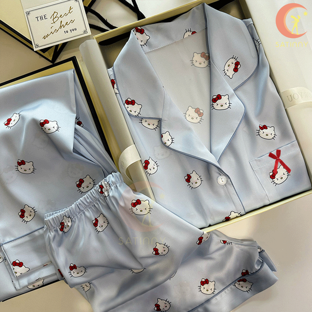 JJ33ชุดนอนsatinnyลายคิตตี้kitty มาใหม่ น่ารักมินิมอลผ้าSilk Satin ระดับไฮเอนด์ ผ้าดีมีเท๊คเจ้อ