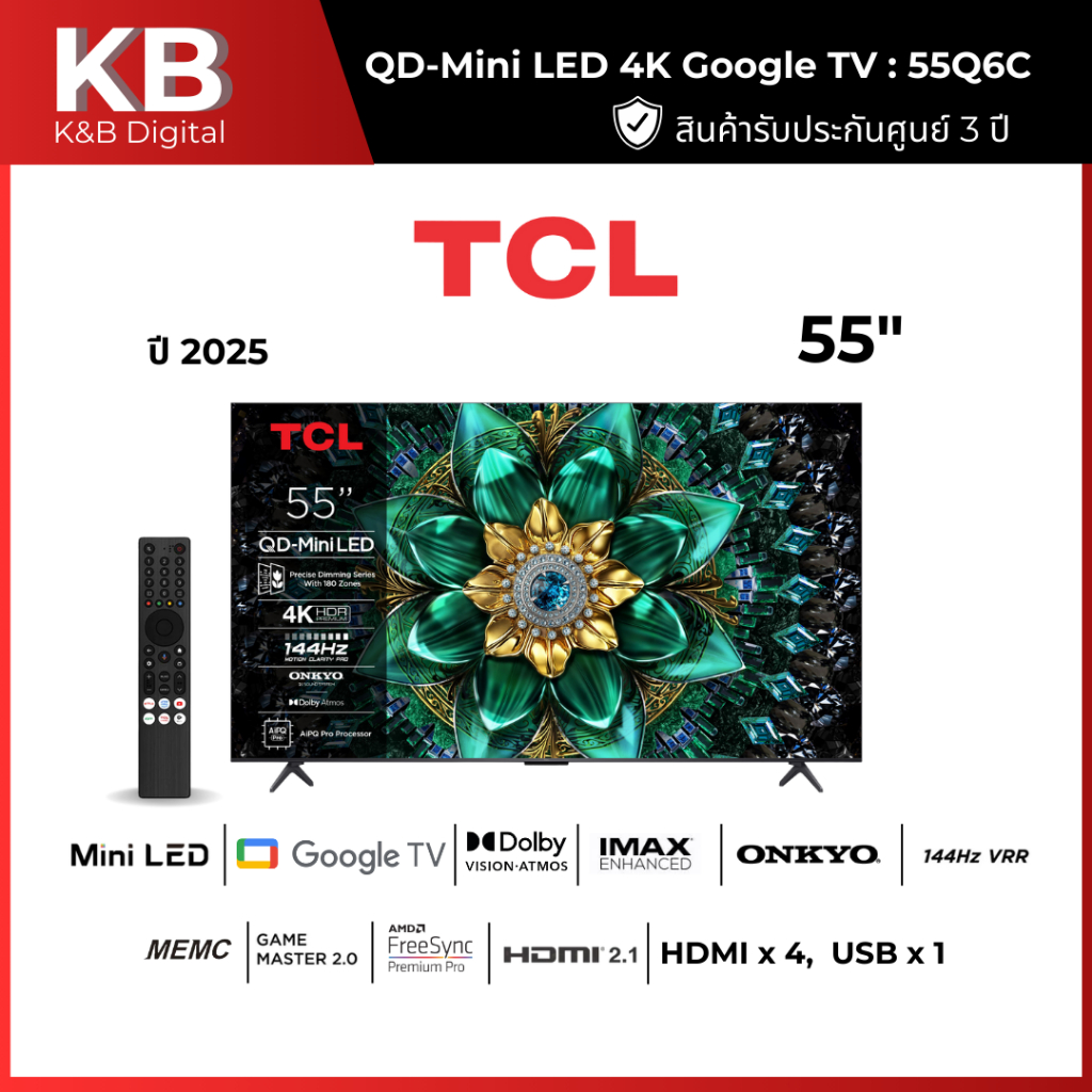 TCL ทีวี 55 นิ้ว 4K Mini QLED Google TV รุ่น 55Q6C ปี2025