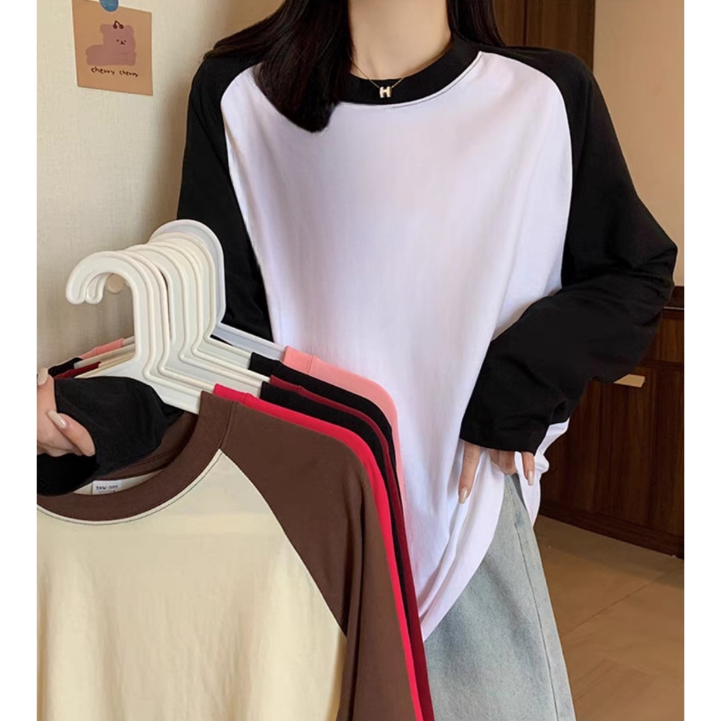 Fairy เสื้อยืดแขนยาว คอกลม ทรงหลวมขนาดใหญ่ สีตัดกัน ใส่ได้ทั้งชาย/หญิง แฟชั่นฤดูใบไม้ผลิและฤดูใบไม้ร่วง #B00