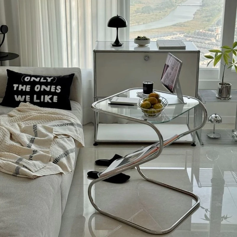 โต๊ะกระจกทรง Z Z-SHAPE GLASS TABLE โต๊ะคอมชั้นวางหนังสือสแตนเลส thumbnail 4