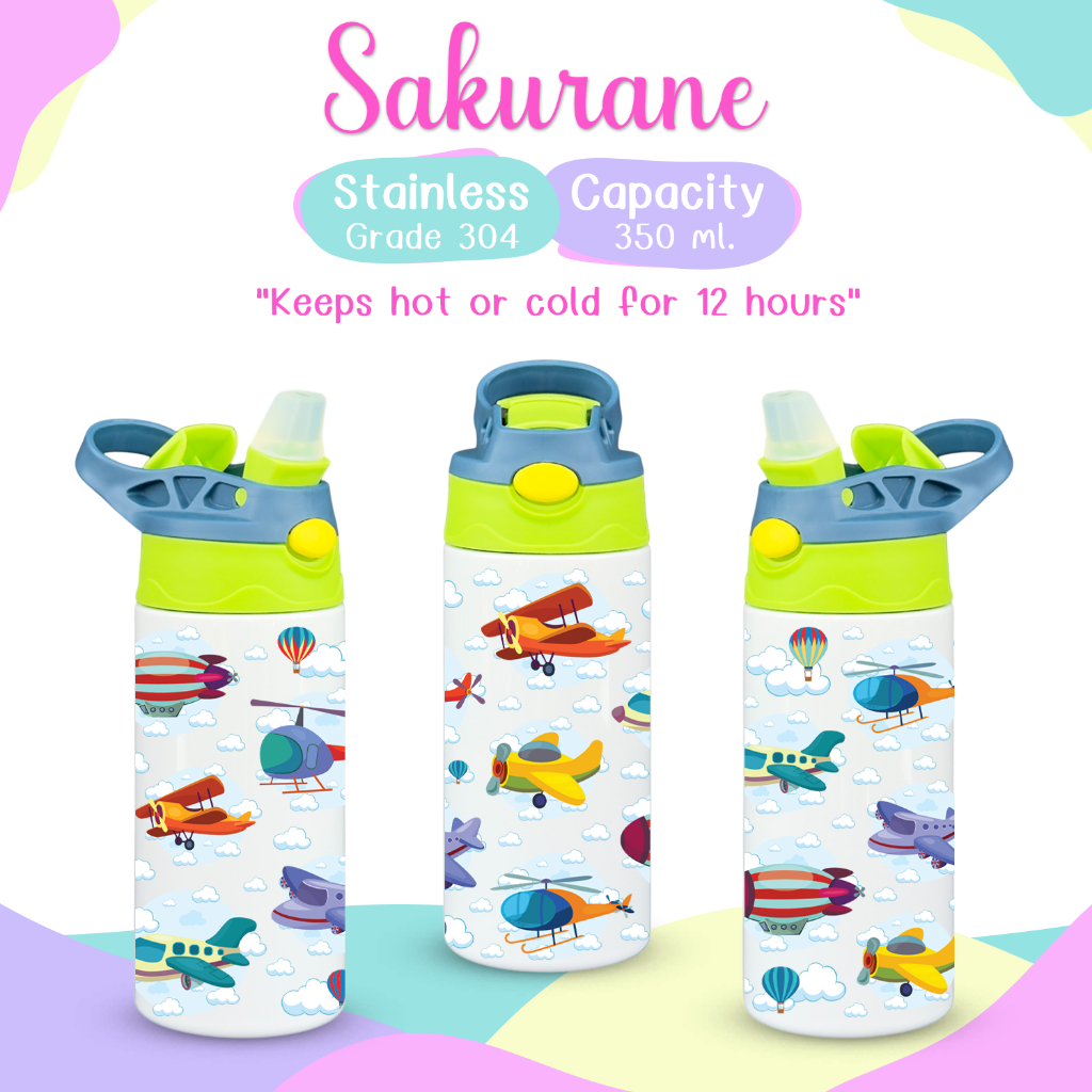 Sakurane แก้วน้ำเด็กไปโรงเรียน สแตนเลส 304 ขนาด 350 ml. (12oz) ฝากดหลอดเด้ง ขวดน้ำเด็ก กระบอกน้ำเด็ก