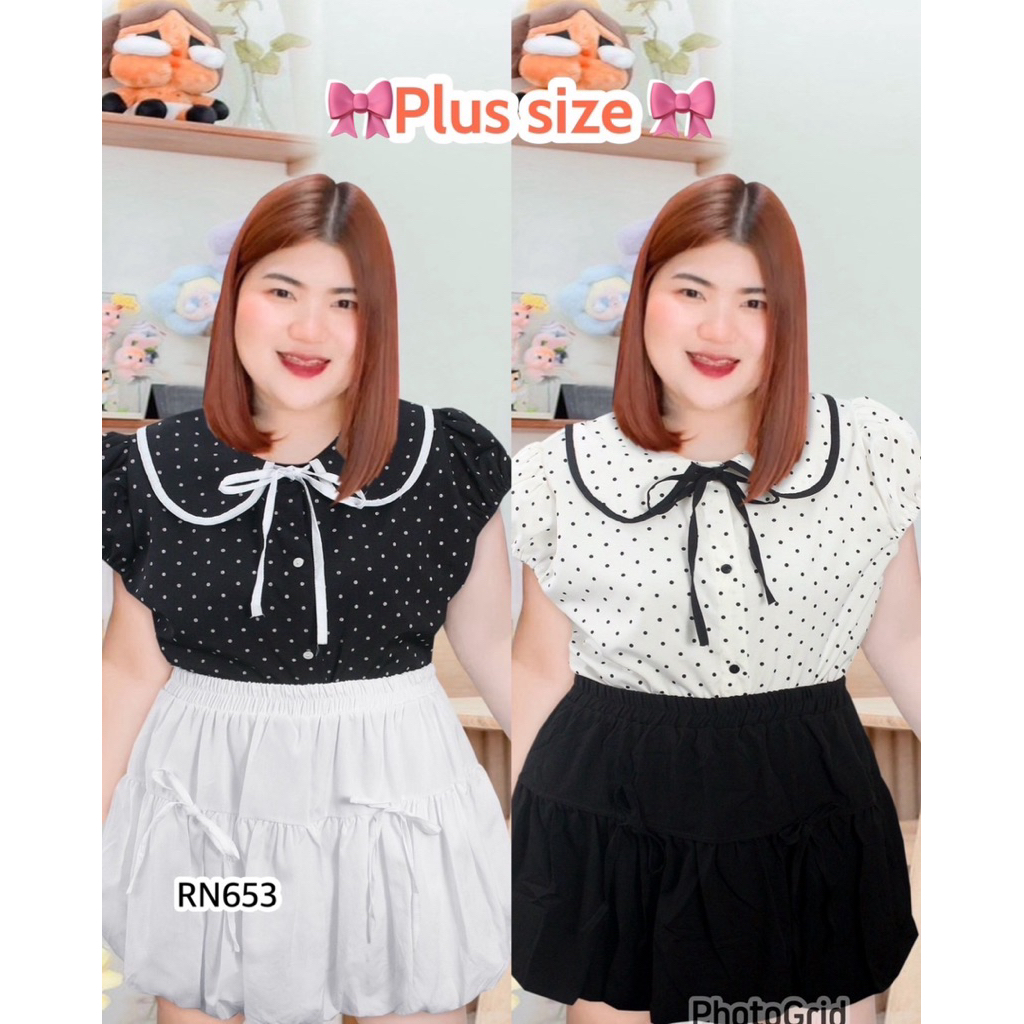RN654.เสื้อสาวอวบpolka dot ปกบัวขอบสีพื้นมีสายมัดโบว์ แขนตุ๊กตา อก48“