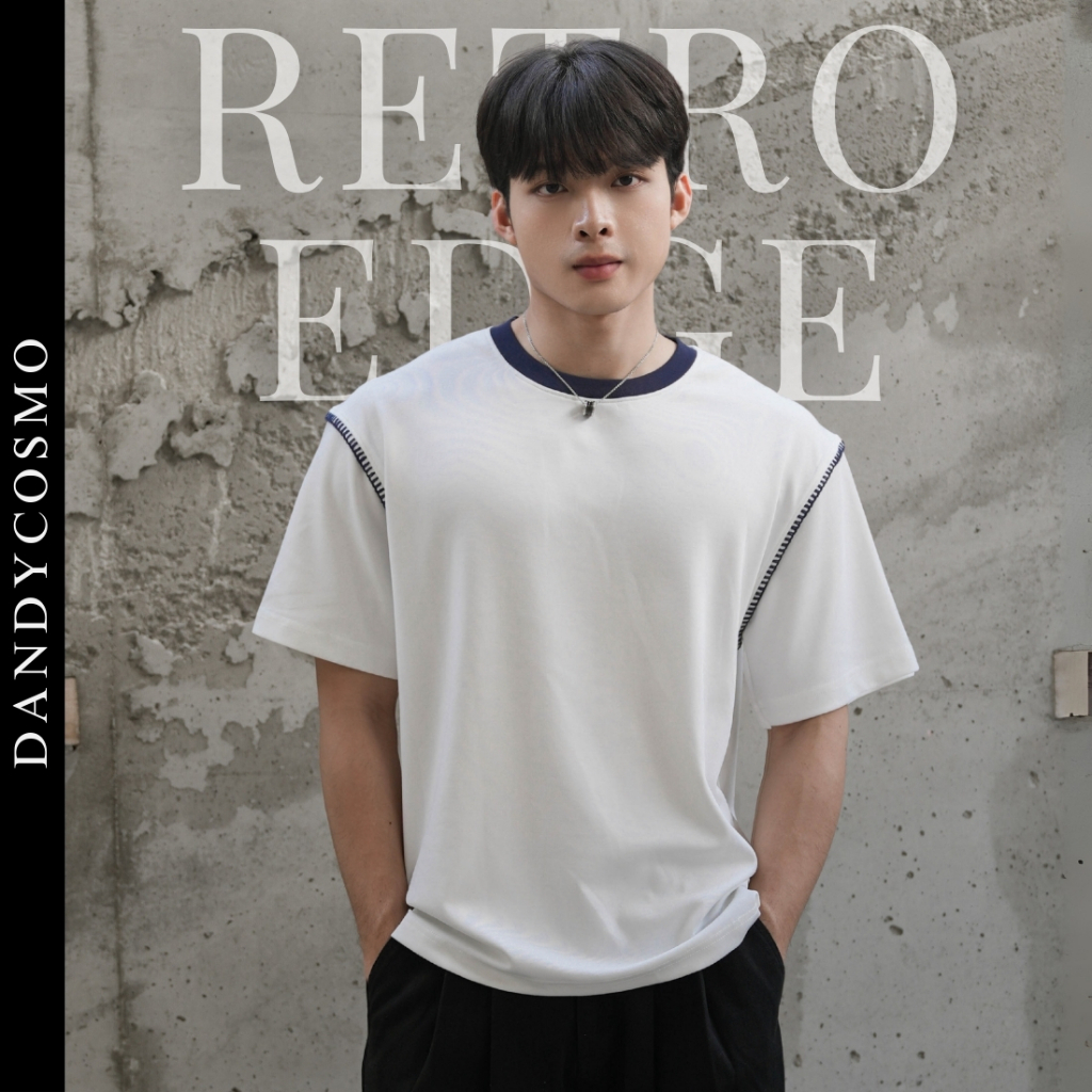 DANDY COSMO | [4สี] เสื้อยืดแต่งขอบคอกลม ทรงหลวม ใส่สบาย คูลโทน รุ่น RETRO EDGE