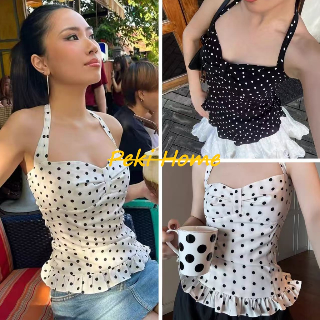 เสื้อสายเดี่ยวคล้องคอลายจุดรัดรูป มีสีให้เลือก