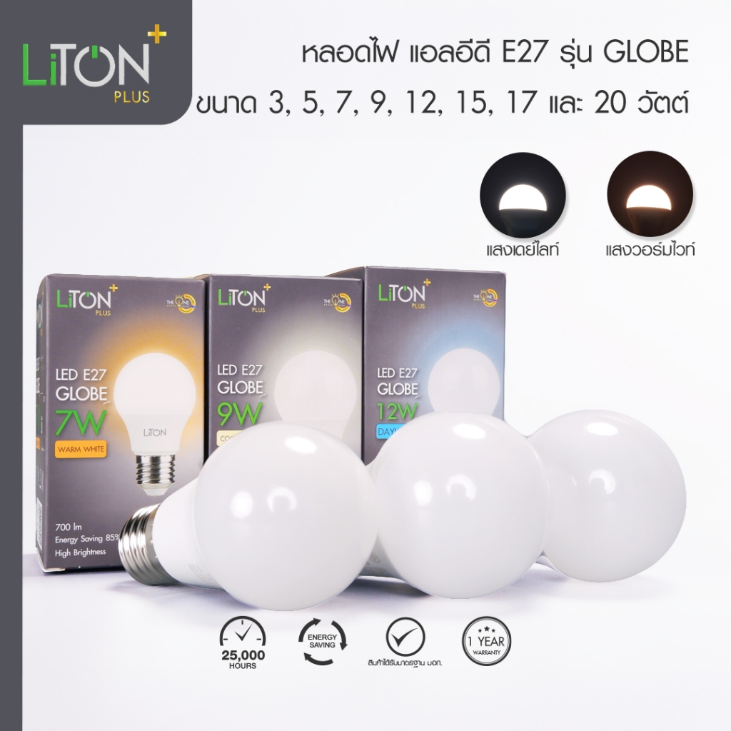 LiTON หลอดไฟ LED E27 รุ่น GLOBE 3W,5W,7W,9W,11W,12W,15W,17W,20W Daylight (แสงขาว),Warmwhite (แสงส้ม)