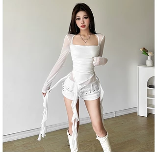 Rita พร้อมส่ง❤️ซีทรูเสื้อเชิ้ต เสื้อครอป ทรางยาว แขนยาว แฟชั่นผู้หญิง สามมิติ เซ็กซี่สวย ชุดปาร์ตี้ ชุดแต่งฮาโลวีน