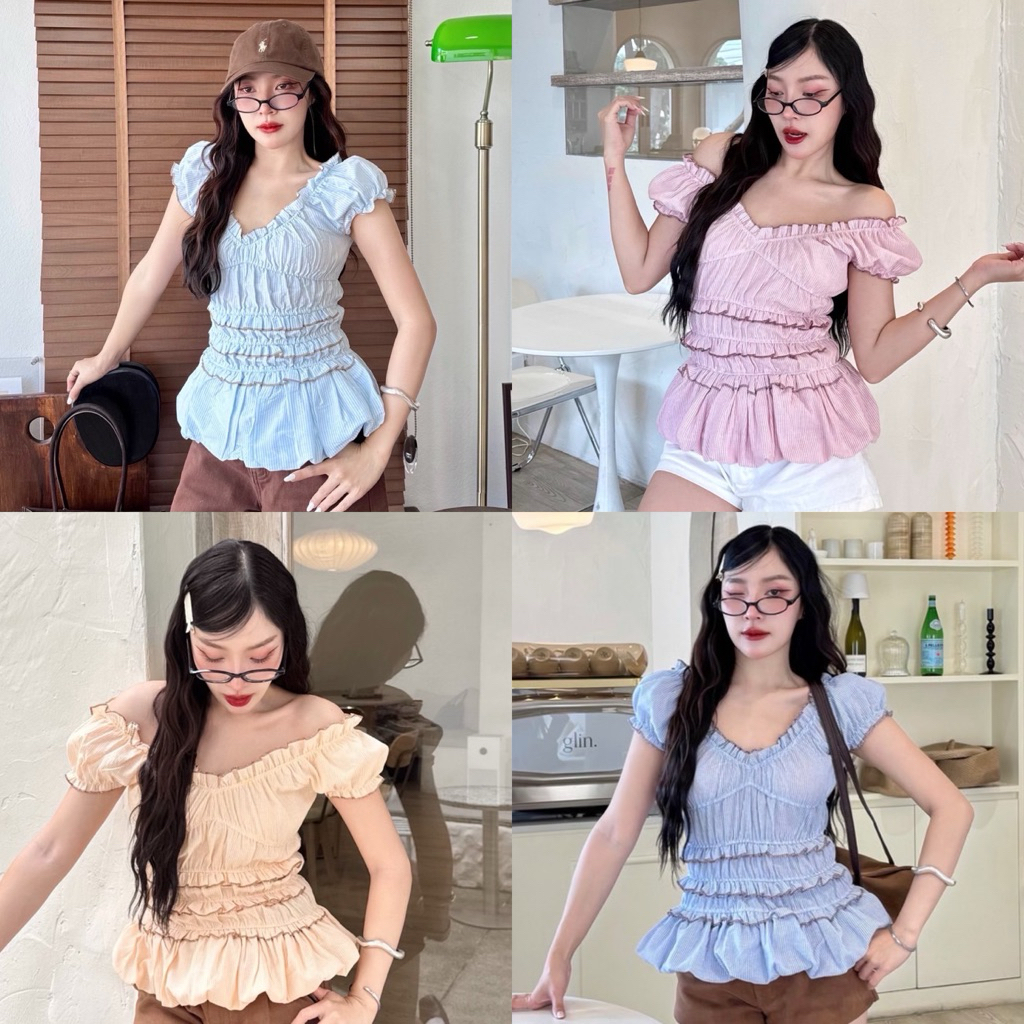 เสื้อแขนตุ๊กตาผ้าคอตตอนลายริ้ว แต่งระบาย 3 ชั้น