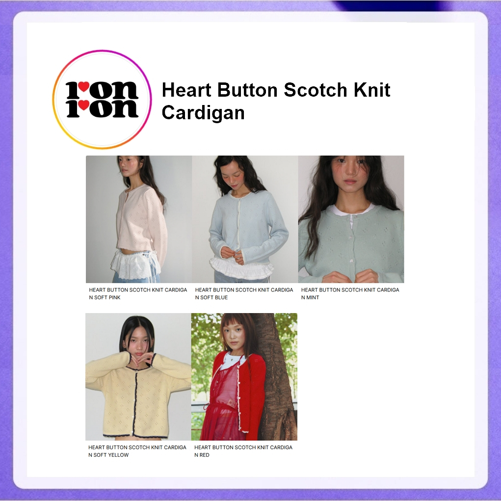 Ronron Heart Button Scotch Knit Cardigan (Soft Yellow, Mint, Soft Pink, Soft Blue, Red)