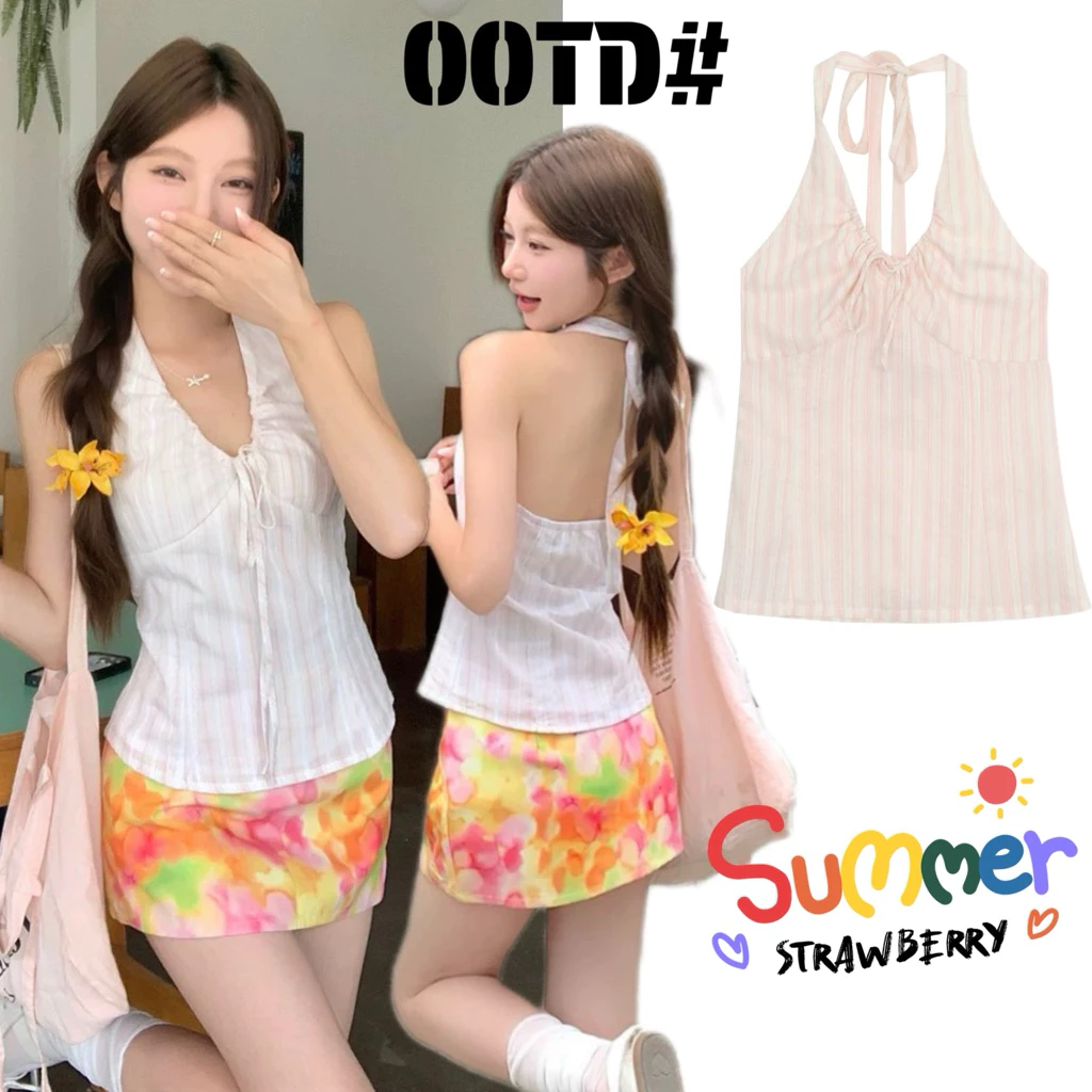 STR พร้อมส่ง💗✨เสื้อสายเดี่ยวคล้องคอผ้าลายลินินคอวีผูกโบว์หลังเสื้อคอรอปทรงเข้ารูปใส่แล้วหุ่นสวยลําลองสําหรับผู้หญิง