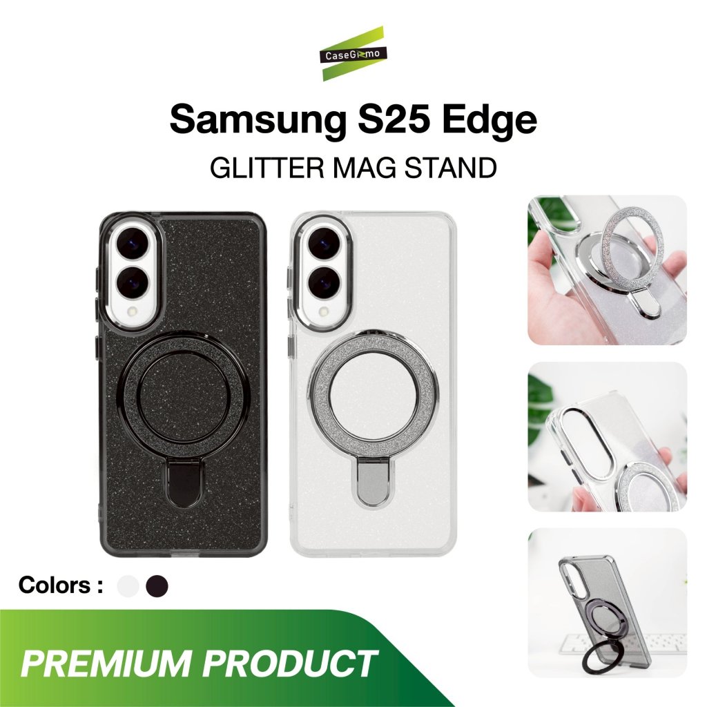 Gizmo รุ่น S25 Edge เคสกลิตเตอร์  เคสกันกระแทก  เคสมีขาตั้ง  เคสชาร์จได้  สีดำ สีขาว  Edge Glitter M