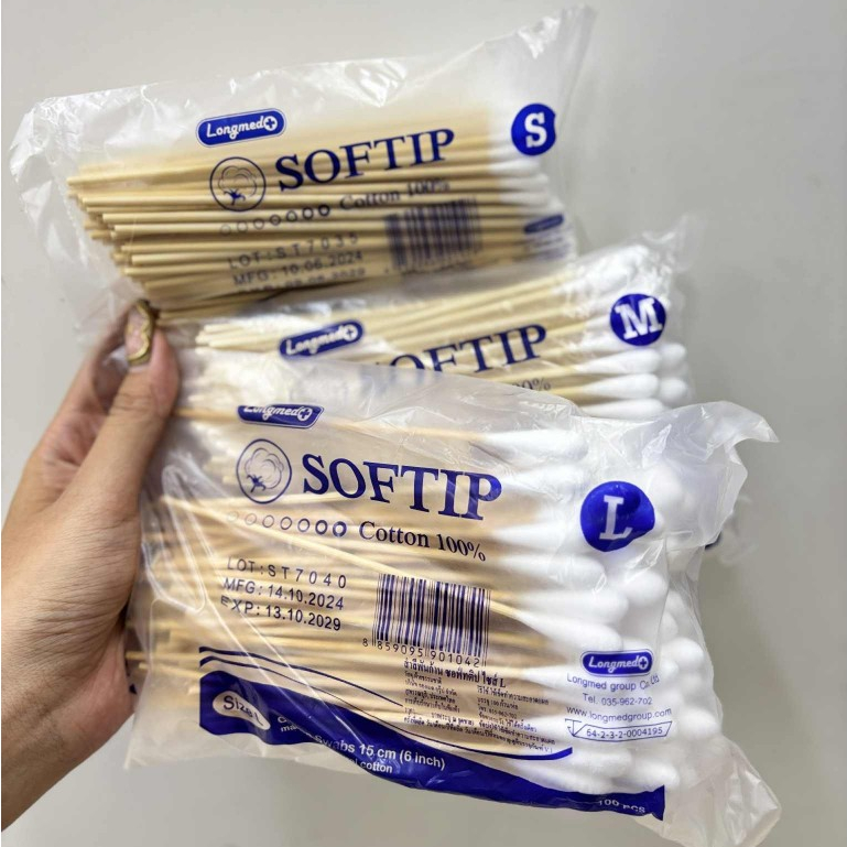 สำลีพันก้าน สำลีพันไม้ สำลีก้านไม้ ไม้พันสำลี 100 ก้าน ยาว 6 นิ้ว  softip cotton longmed Size S/M/L  ใช้ทำความสะอาด
